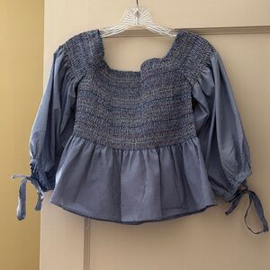 Blue Smocked Peasant off the shoulder Blouse